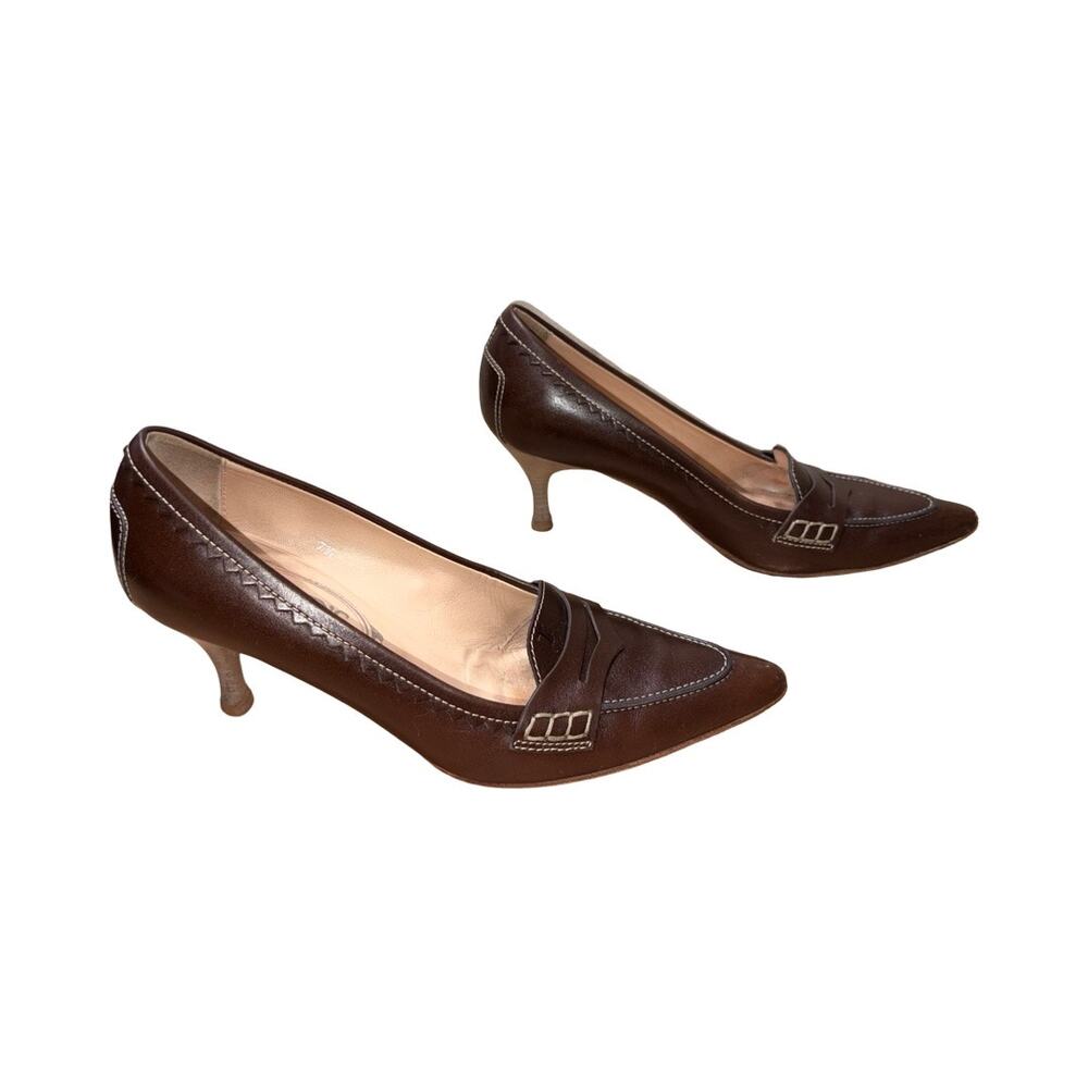 Tod's Italy Brown Leather Kitten Heels Penny Strap Pumps   Size: 7.5 - Picture 3 of 8